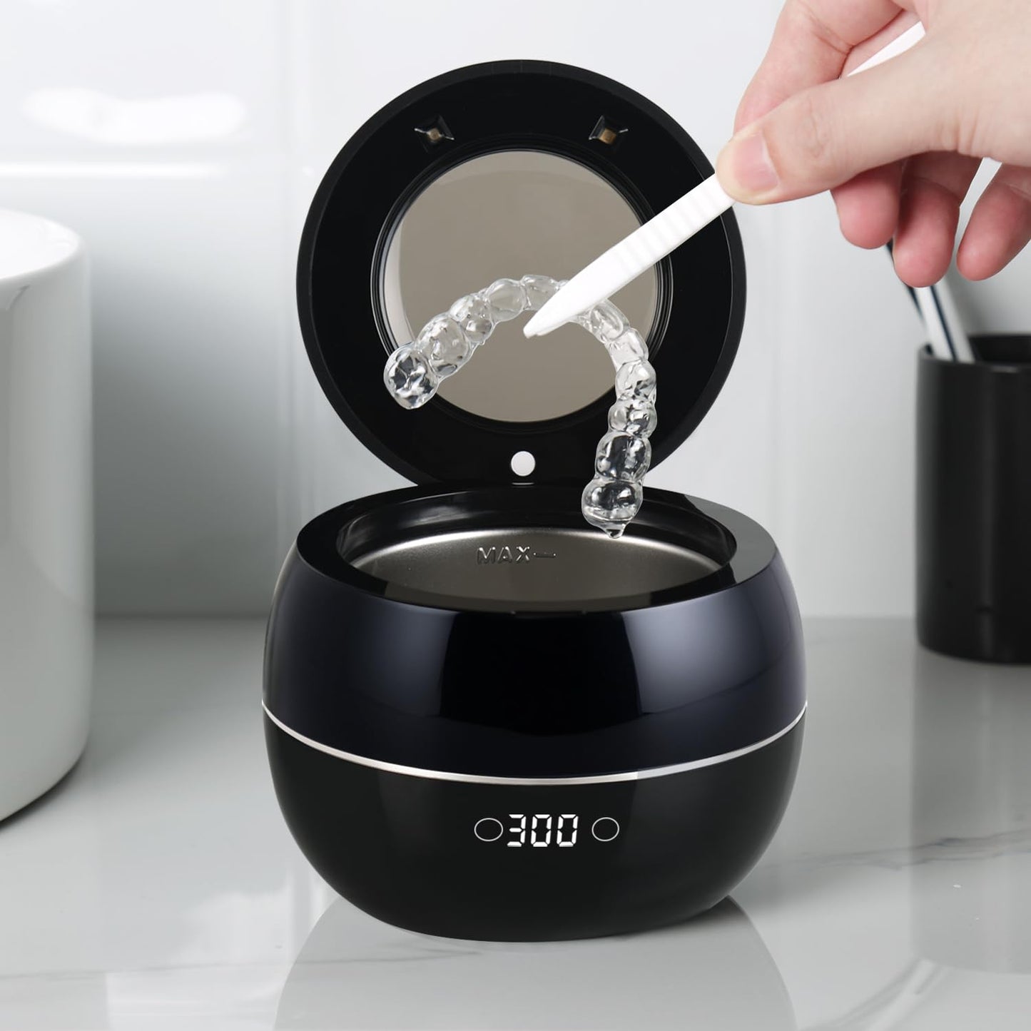Ultrasonic Retainer Cleaner Machine Denture Cleaning Pod Portable Night Guard Cleaner for Mouth Guards, Jewelry Cleaner with Digital Timer, Dual Cleaning Mode