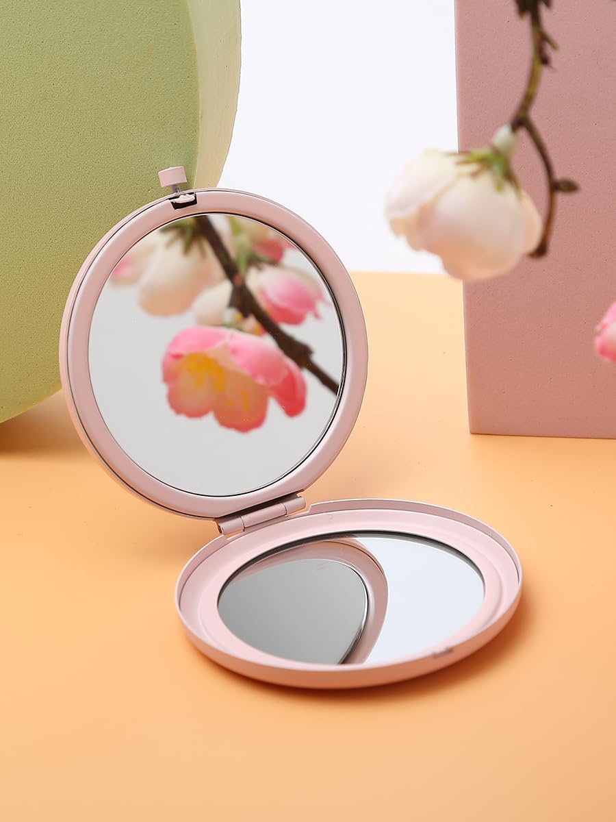 Double-Sided 1/2X Magnifying Pocket Makeup Mirror Round Pink