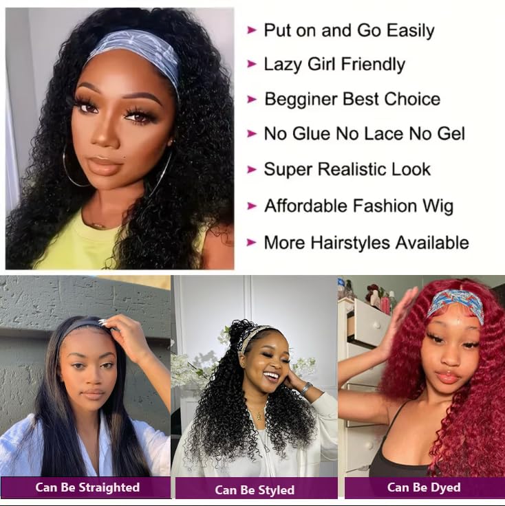 Headband Wig Human Hair Deep Wave 20 Inch Glueless None Lace Front Deep Curly Wig Brazilian Virgin Hair Wear and Go Wigs for Black Women 180% Density Machine Made Headband Half Wigs Natural Color