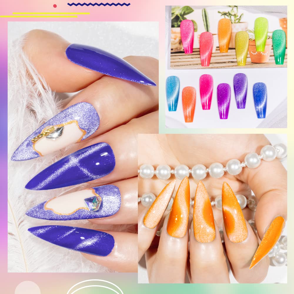 12-Pc MIZHSE Neon Cat Eye Gel Nail Polish Set - Magnetic Soak Off Manicure Kit, Blue Green Purple