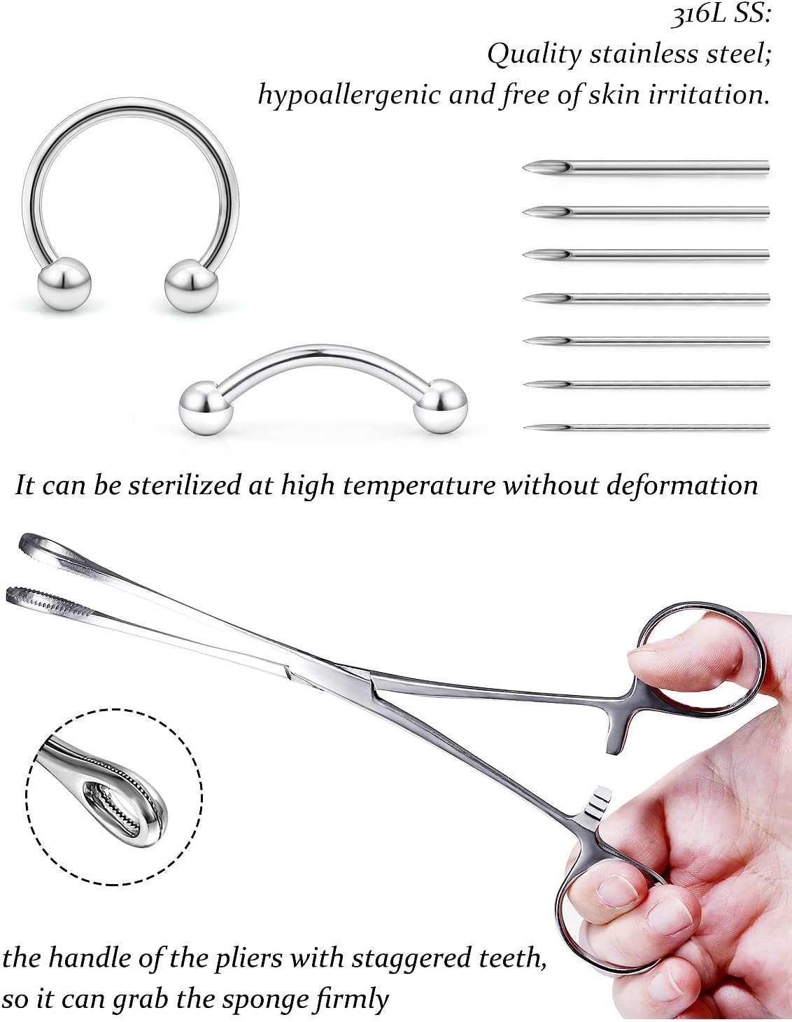 316L Surgical Steel Body Piercing Tools Kit - 9 Styles for Nose, Septum, Lip, Tongue & More