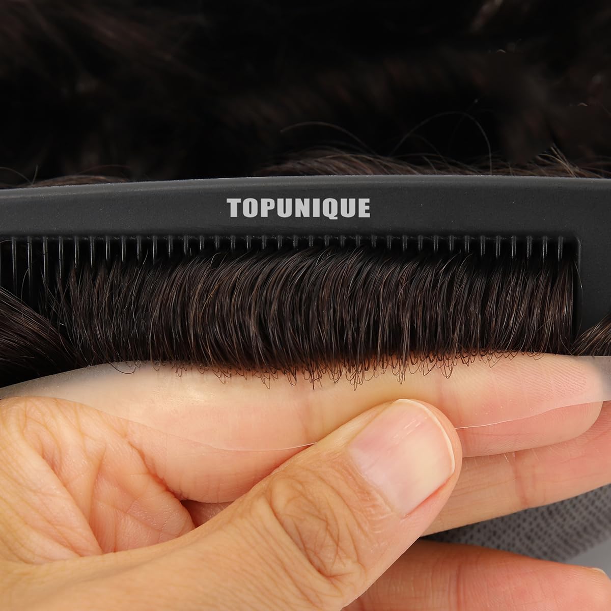 Topunique Mens 0.08mm Thin Skin Toupee, #1B20 Natural Black with 20% Gray Hair V-Looped Invisible Hairline 8x10 Inch PU Base Remy Human Hair for Men