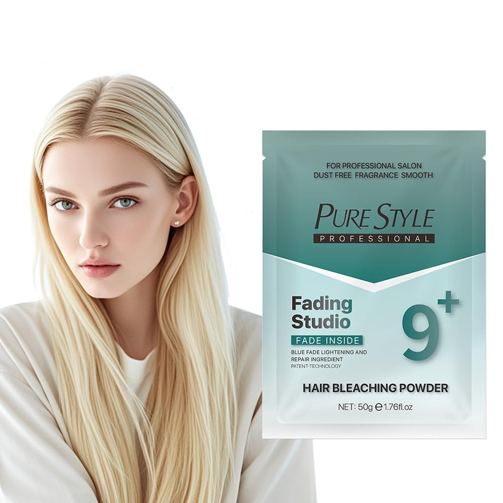 PURESTYLE Professional Ammonia-Free Hair Bleach Powder Packets 50g, Over 9 Levels Blue Fade Technology, Dust-Free & Fragrance Formula Fading Powder, Gentle Quick Bleach Lightener for Dark Hair