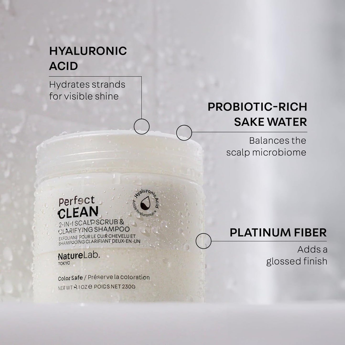 NatureLab.TOKYO Perfect Clean 2-in-1 Scalp Scrub & Clarifying Shampoo | Exfoliating Sugar Crystals with Probiotic Sake Water & Hyaluronic Acid for Deep Scalp Cleanse, Shine, & Hydration – 8.1 oz