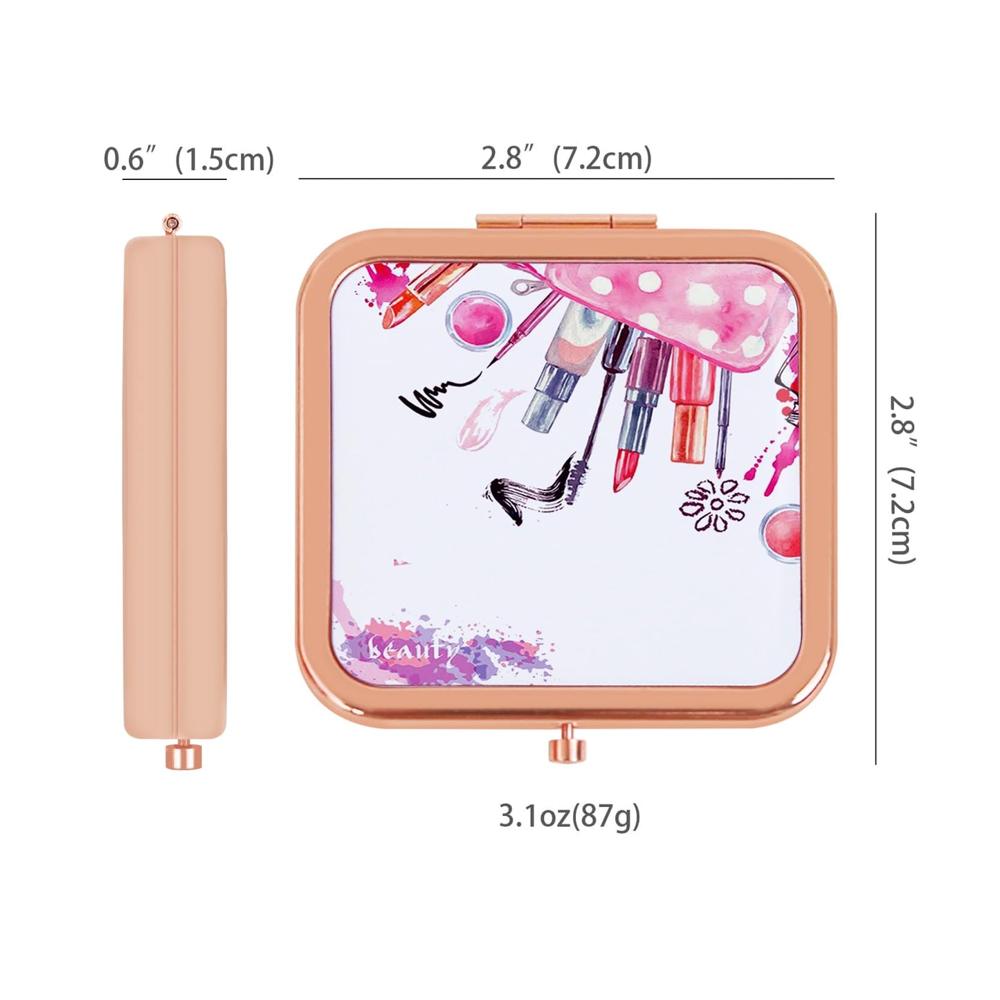 Compact Mirror, Pocket Travel Makeup Mirror, Double-Sided 2X / 1X Magnification, Small Folding Portable Handheld, 2.8 in Rose Gold