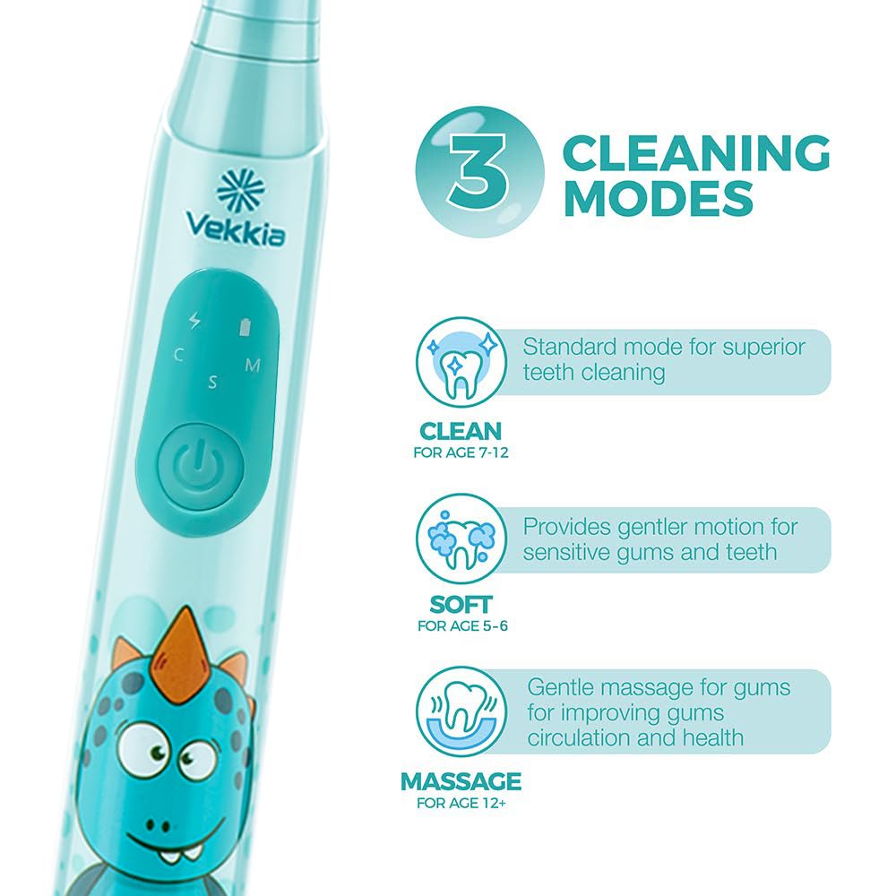 Vekkia Sonic Rechargeable Kids Electric Toothbrush, 3 Modes with Memory, Fun & Easy Cleaning, 24000 Strokes, IPX7 Waterproof, 2-Min Timer for Age 5+, 4 Soft Bristles(Blue)