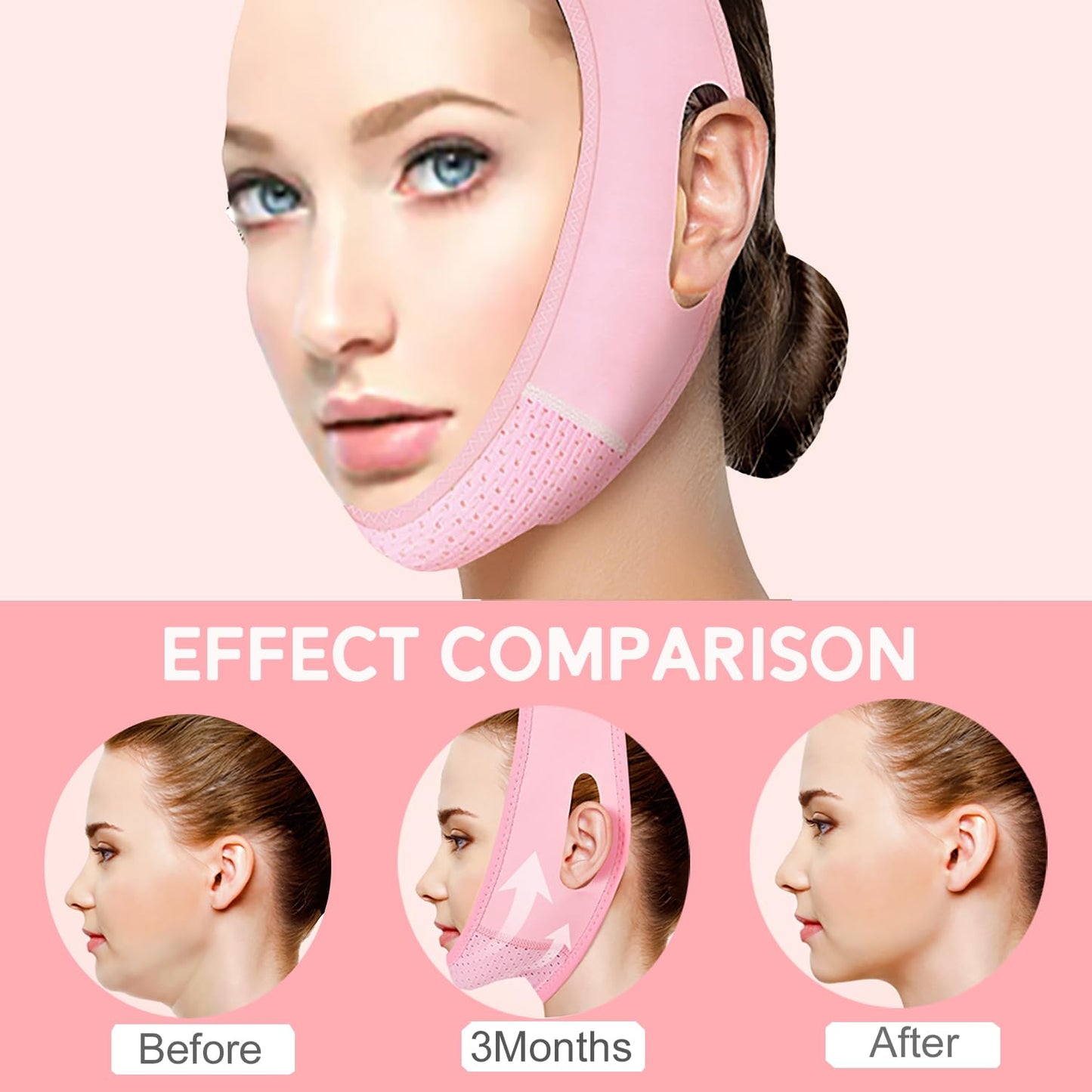MASIKA Chin Strap for Sleeping,Adjustable Chin Strap,Jaw Strap,Jawline Shaper,V-Line Mask Chin Up Mask V Shaped Face Mask, Jaw Exerciser,Reusable chin strap,Pink。