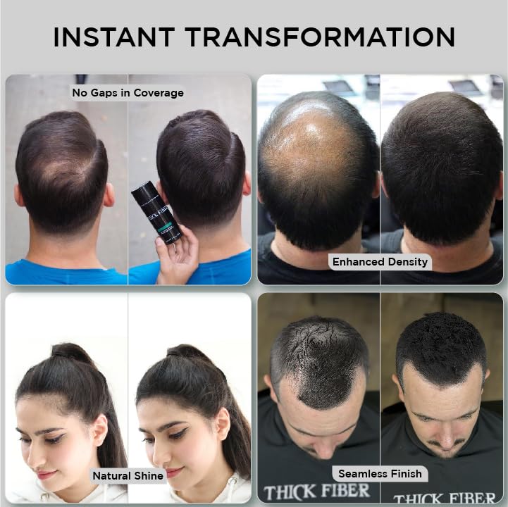 THICK FIBER Hair Fibers for Thinning Hair & Bald spots (BLACK) - 25g Bottle - Conceals Hair Loss in Seconds - Hair Powder for Women & Men