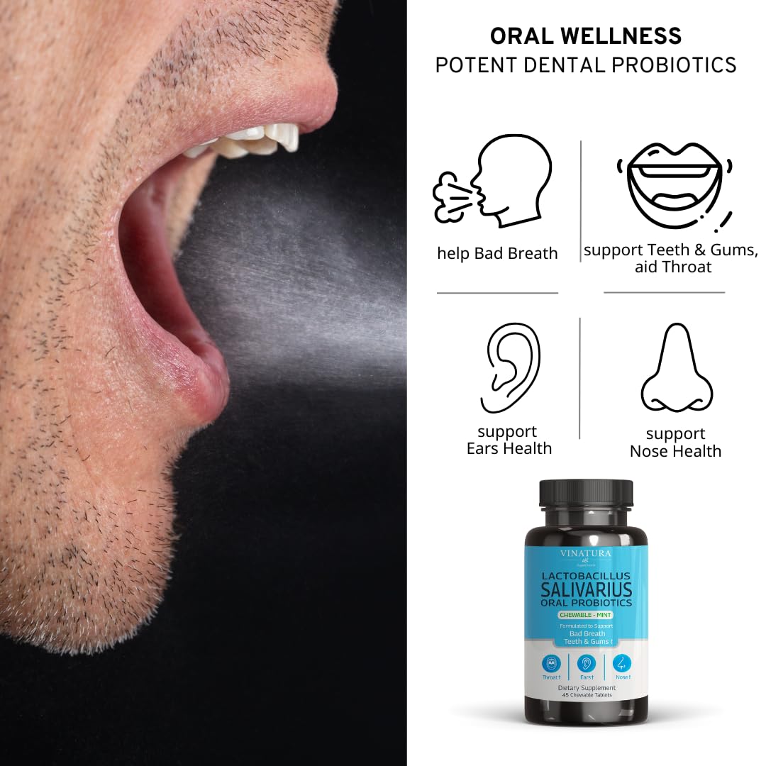 VINATURA Lactobacillus Salivarius Oral Probiotics - Mouth Bad Breath Treatment for Adults, Dental probiotics for Teeth and Gums, Throat, Ear, Nose - 45 Chewable Mint Tablets