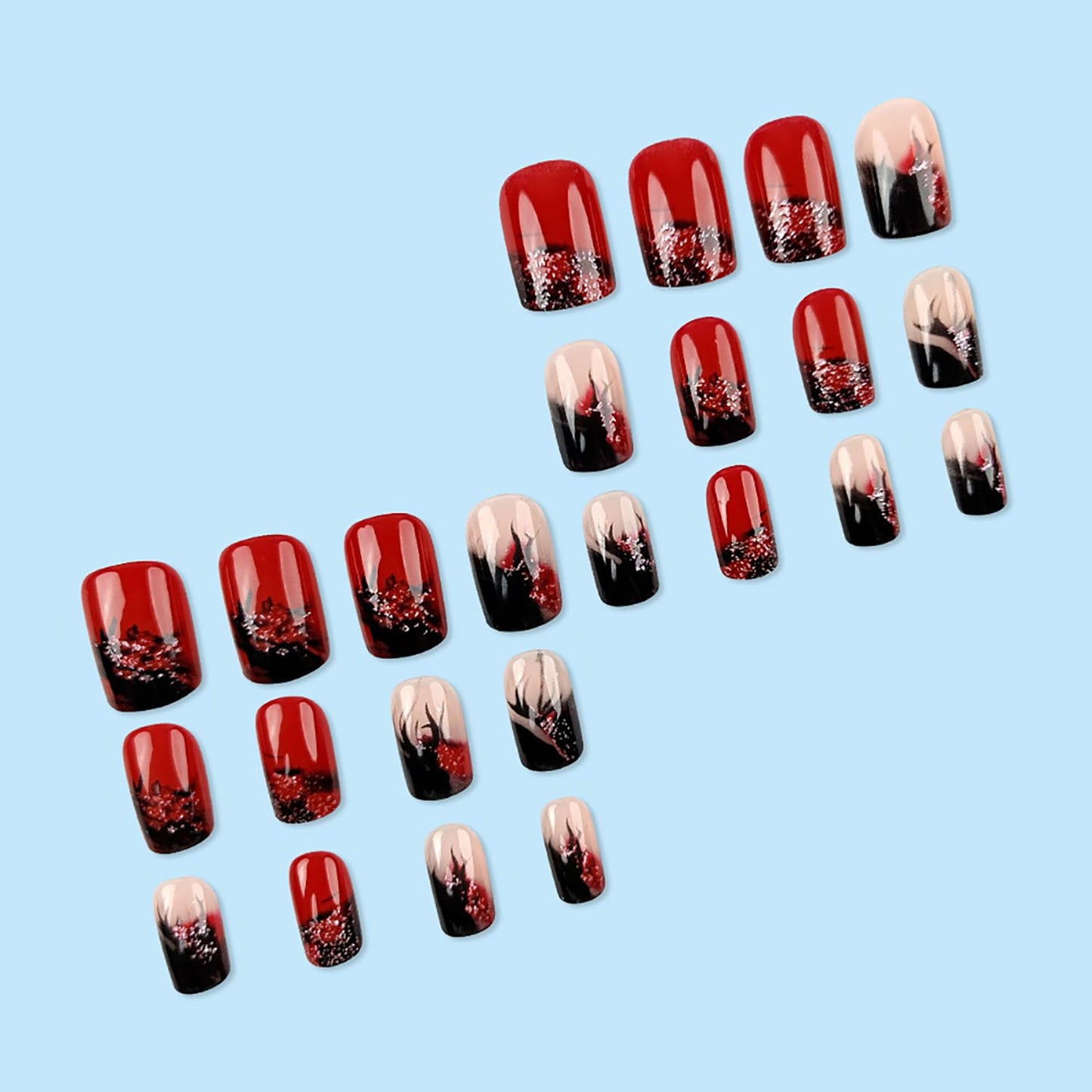 24Pcs Flame Press on Nails Short Square Shape Red Fake Nails with Glitter Design Glue on Nails Black Flame Acrylic Nails Press on Gradient French False Nails Full Cover Stick on Nails for Women