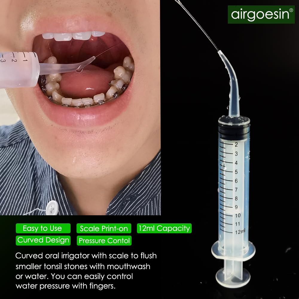 Airgoesin 3-In-1 Tonsil Stone Removal Remover Kit, Tonsil Stone Vacuum Suction Kit, Long Tonsil Stone Stainless Steel Pick 18cm/ 7” with Protection Cap, Curved Oral Irrigation Syringe 12ml with Scale