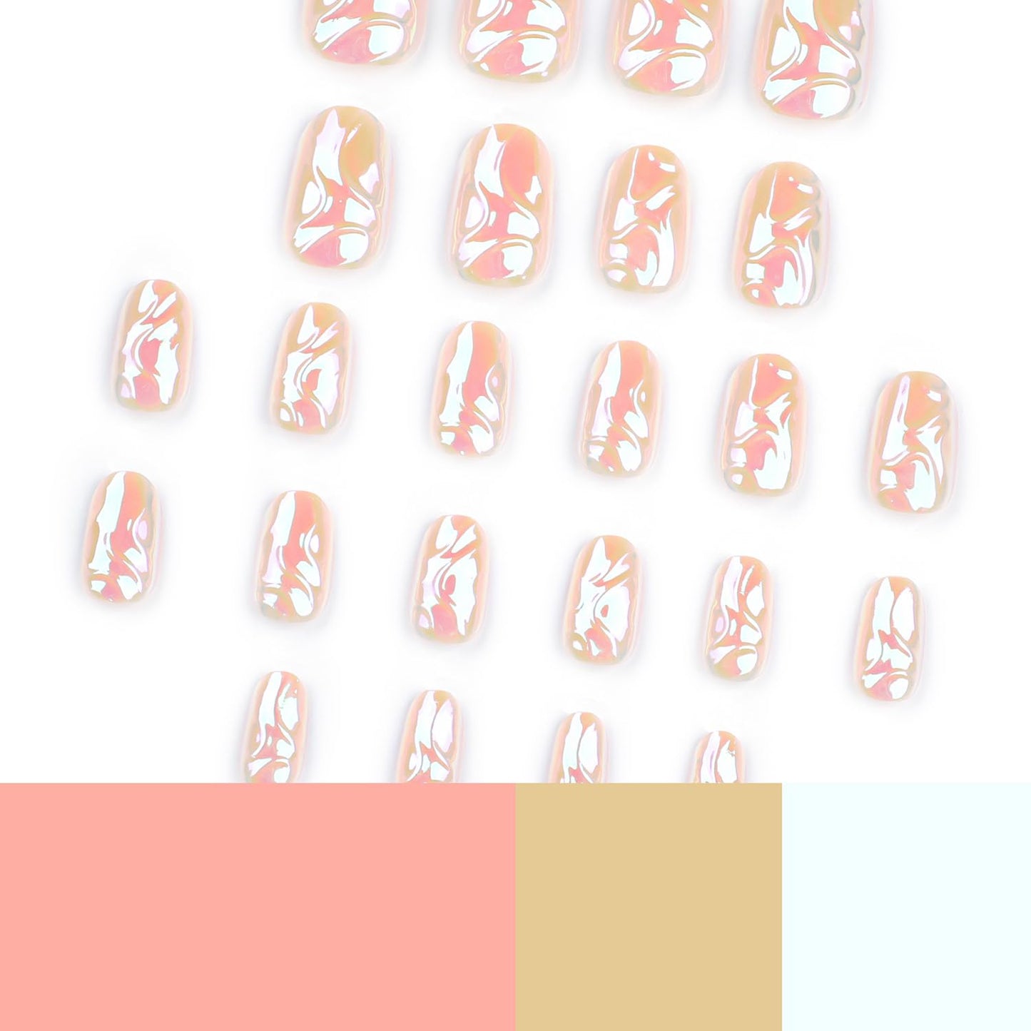 24 Pcs Almond Press on Nails Medium Length French Fake Nails with Aurora Designs Glue on Nails Full Cover Nude Acrylic Nails Summer False Nails 3D Lines Stick on Nails for Women Nail Supplies