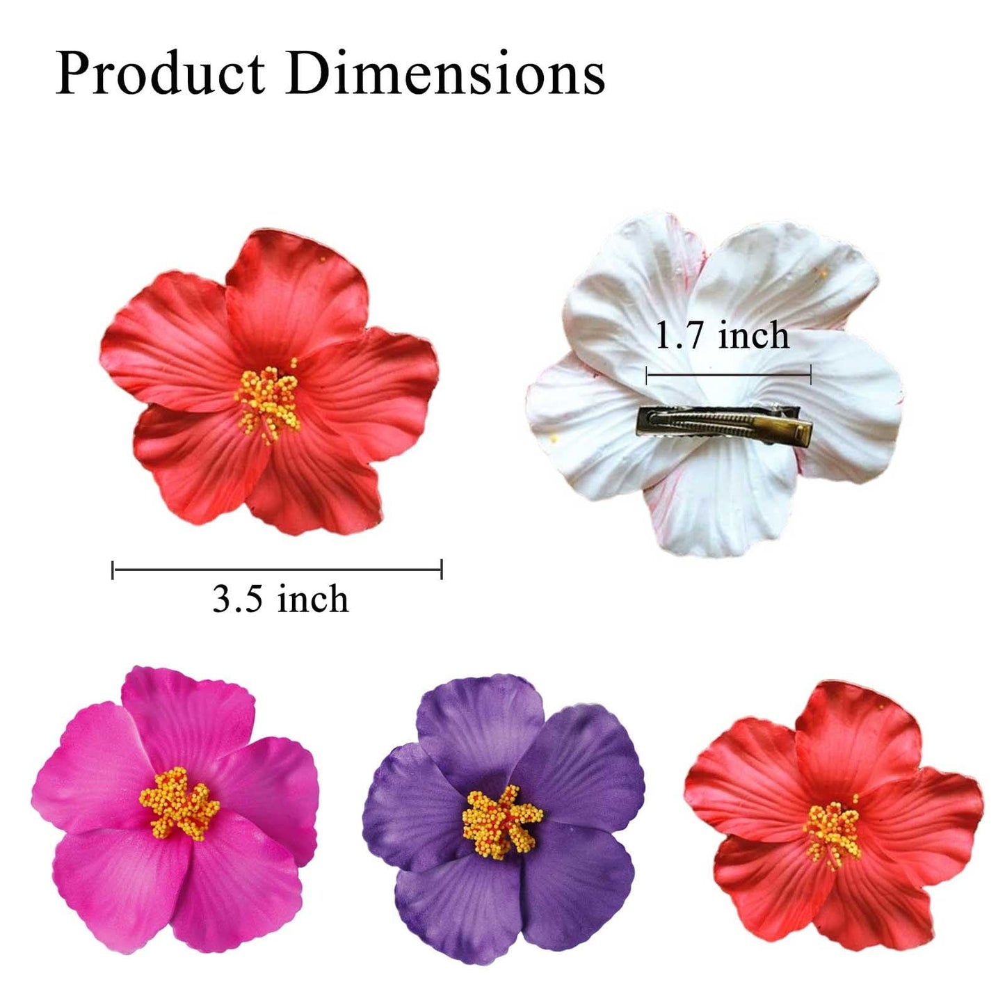 SOFISO 3Pcs Hawaiian Flower Hair Clips for Women 3.5 Inch Artificial Flower Clips Plumeria Hibiscus Hair Clip Beach Vacation Party Boho Hair Accessories for Women Girls(Red Purple and Rose Red)
