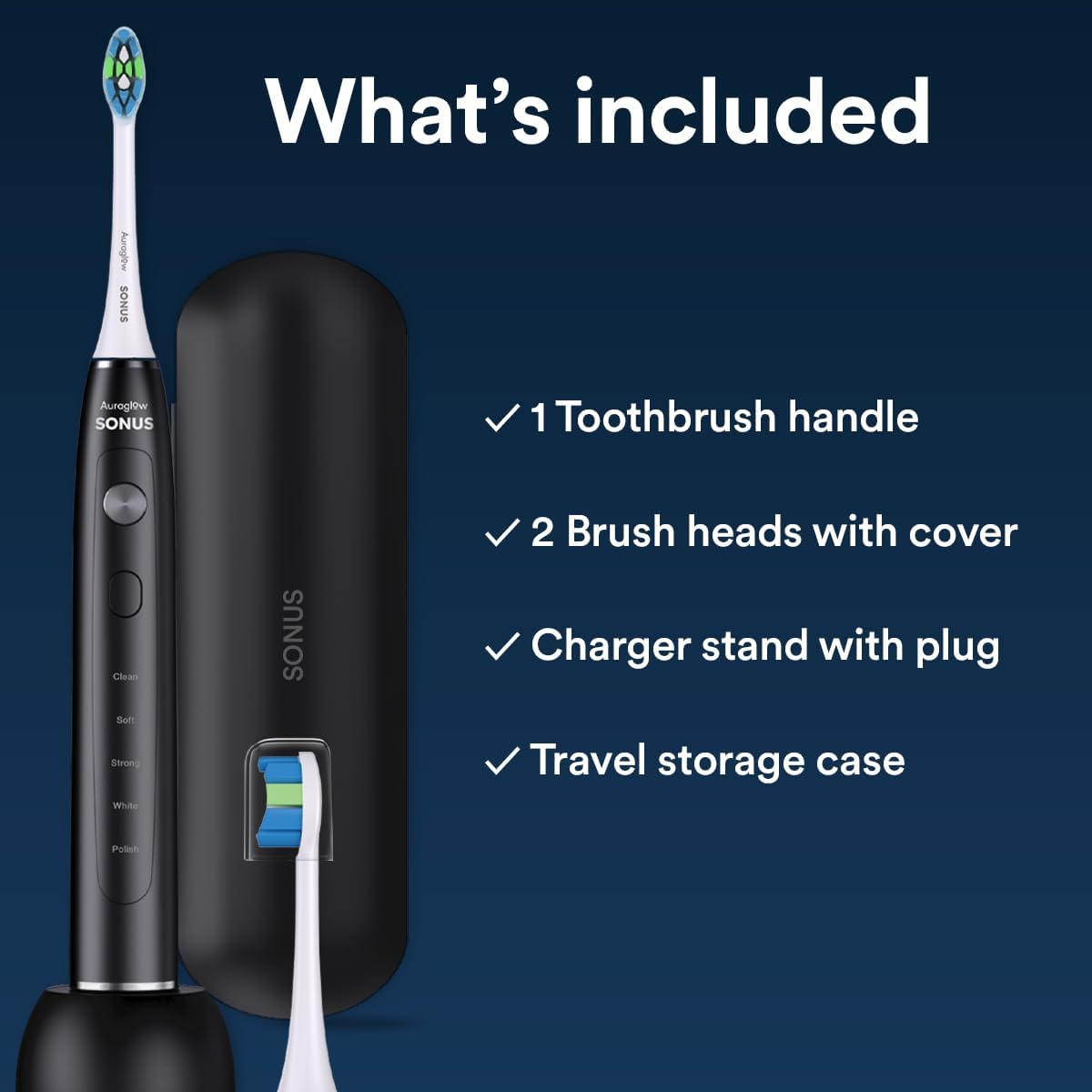 Sonus Electric Toothbrush by AURAGLOW - 40,000 VPM, 5 Modes, 2 Heads & Travel Case