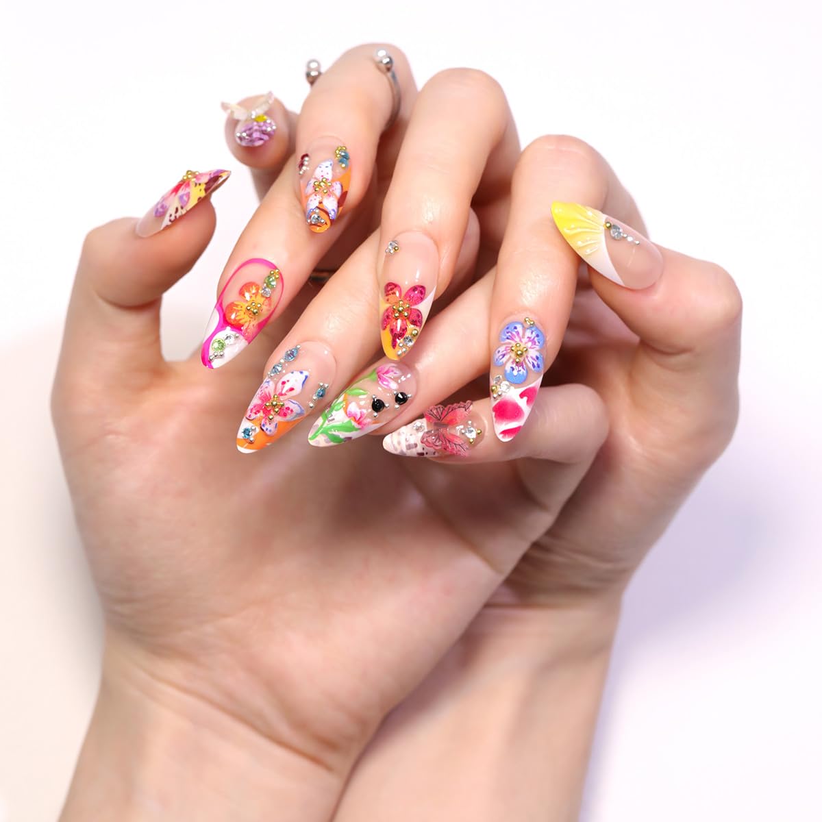 Flower Press on Nails Long Almond Fake Nails 3D Floral Colorful Butterfly Rhinestone Design French Tip False Nail Spring Summer Stick on Nails Acrylic Glue on Nail Art DIY Manicure Supplies