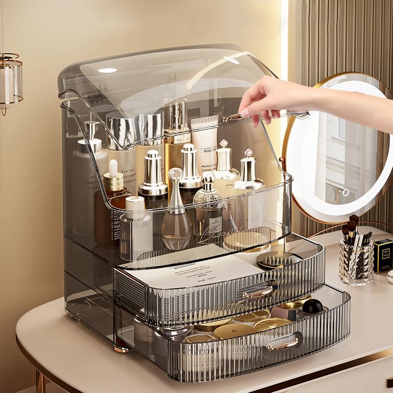 Plukers Makeup Organizer Countertop Vanity with Transparent Lid Drawers Waterproof Dustproof Cosmetic Skincare Bathroom Storage Gift for Women Teens Girls (Clear Black)