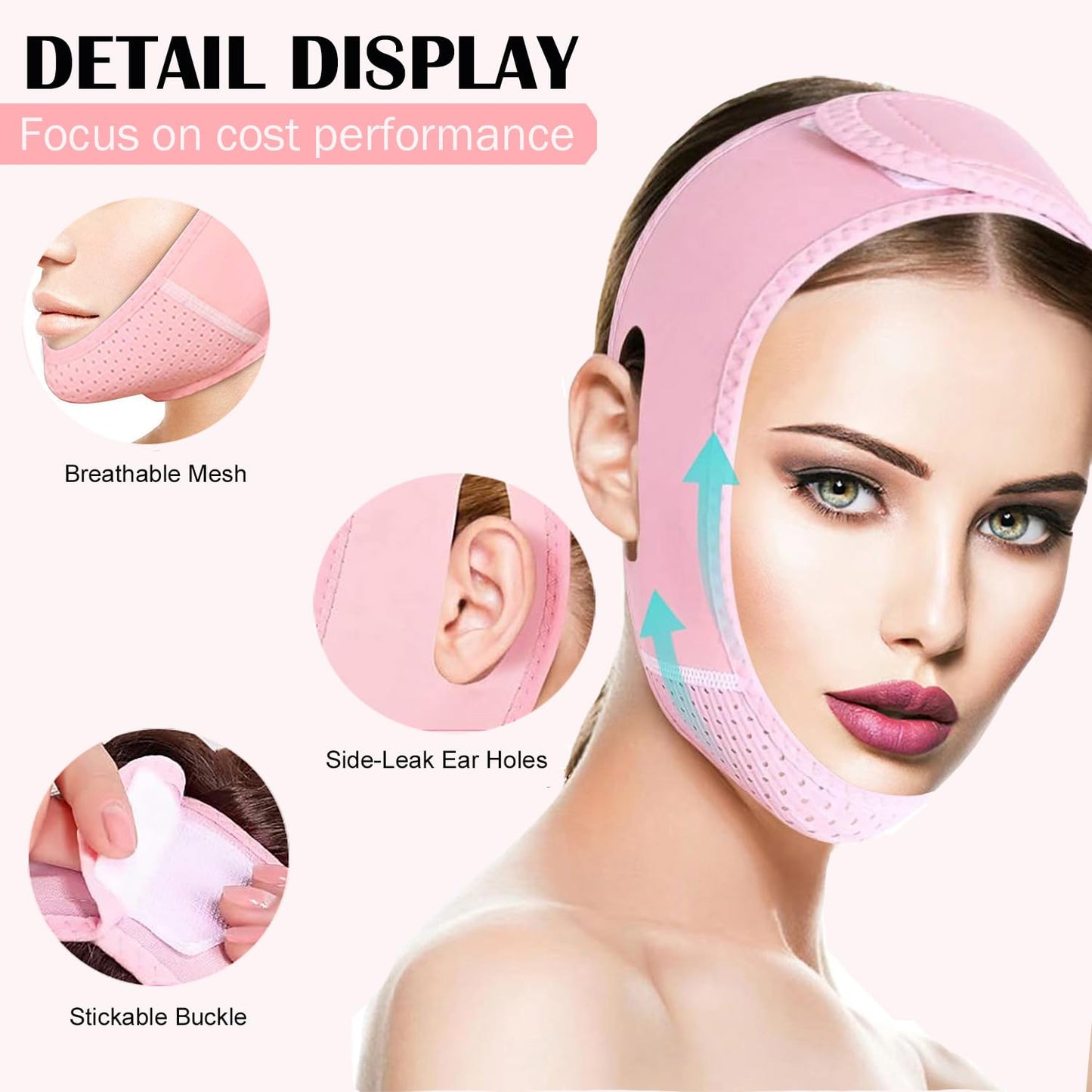 MASIKA Chin Strap for Sleeping,Adjustable Chin Strap,Jaw Strap,Jawline Shaper,V-Line Mask Chin Up Mask V Shaped Face Mask, Jaw Exerciser,Reusable chin strap,Pink。