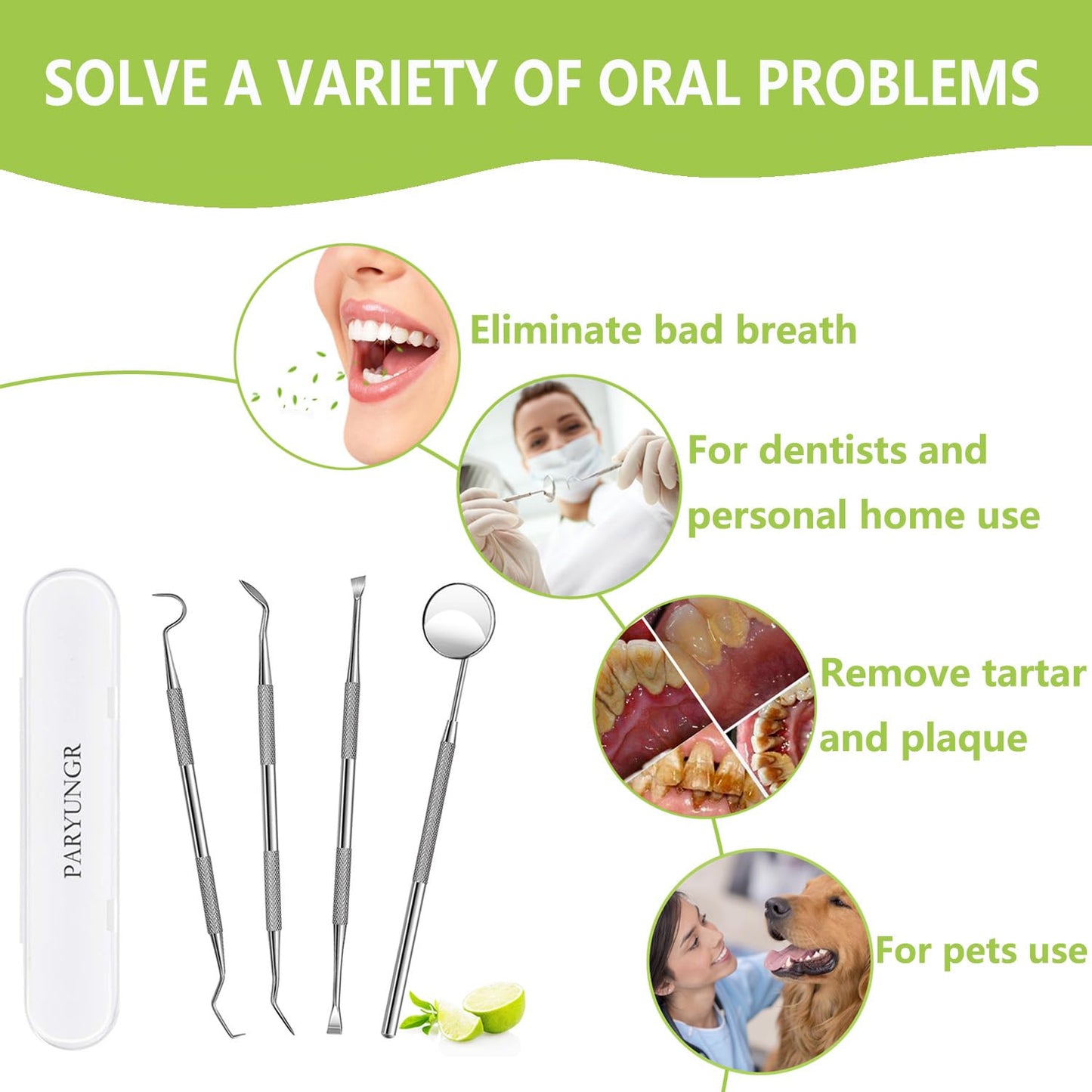 PARYUNGR Dental Tools, Professional Teeth Cleaning Oral Care Hygiene Kit, Stainless Steel Dental Pick Tooth Scraper Tartar Plaque Remover for Dentist, Personal, Pet Use with Storage Box