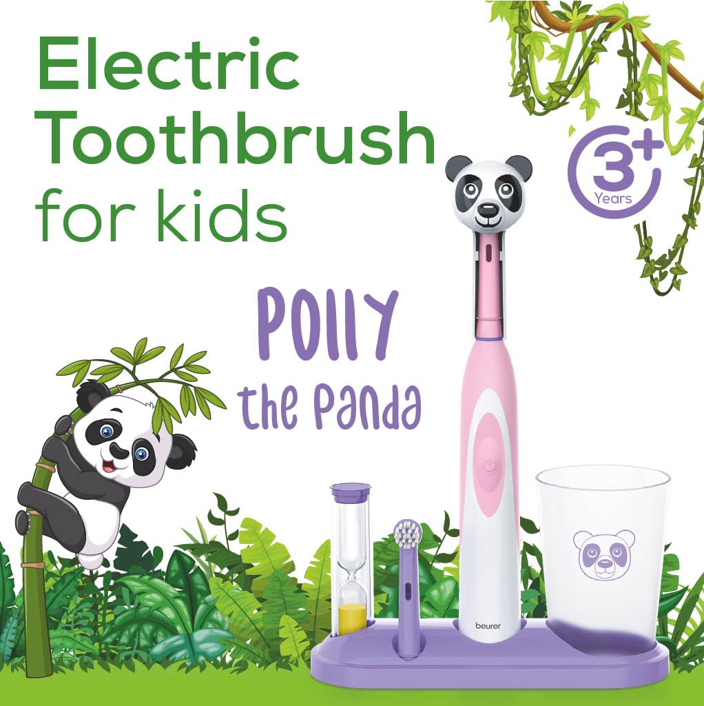 Beurer TB10 Kids Electric Toothbrush Kit - Fun Polly The Panda Cap with 2 Extra-Soft Brush Heads to Help Remove Plaque, 2 Minute Timer, and Rinse Cup, BPA-Free, Safe for Ages 3+