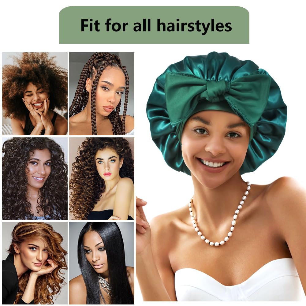 1+3 Large Satin Bonnets with Scrunchies for Women, Double Layer Hair Bonnet Tie Bonnet for Sleeping Braids Curly Hair, F