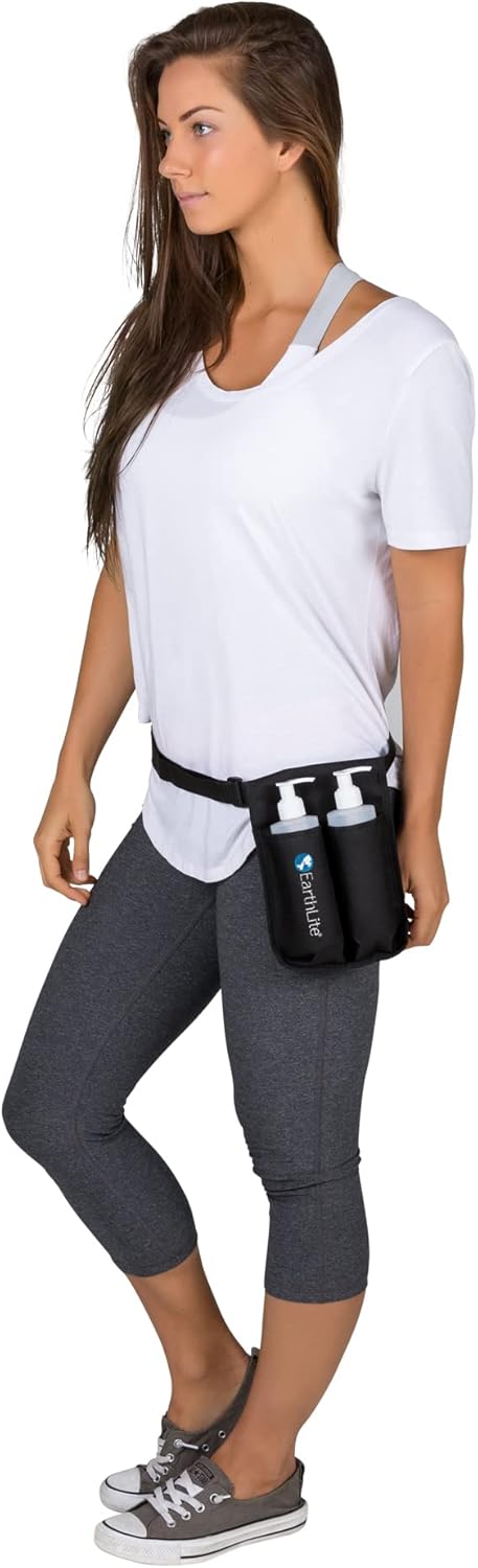 EARTHLITE Double Holster Massage Bottle Kit - 2 Heavy-Duty 8oz Bottles & Adjustable Strap for Oils & Lotions