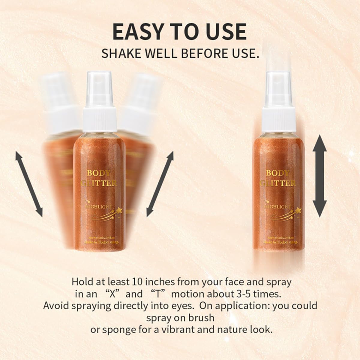 Body Glitter Spray Highlight, 4 Shimmering Color, Quick-Drying Formula Moisturizing Liquid Highlighter for Black/White Skin Women Men for Party, All Body Parts (03 Bronze)
