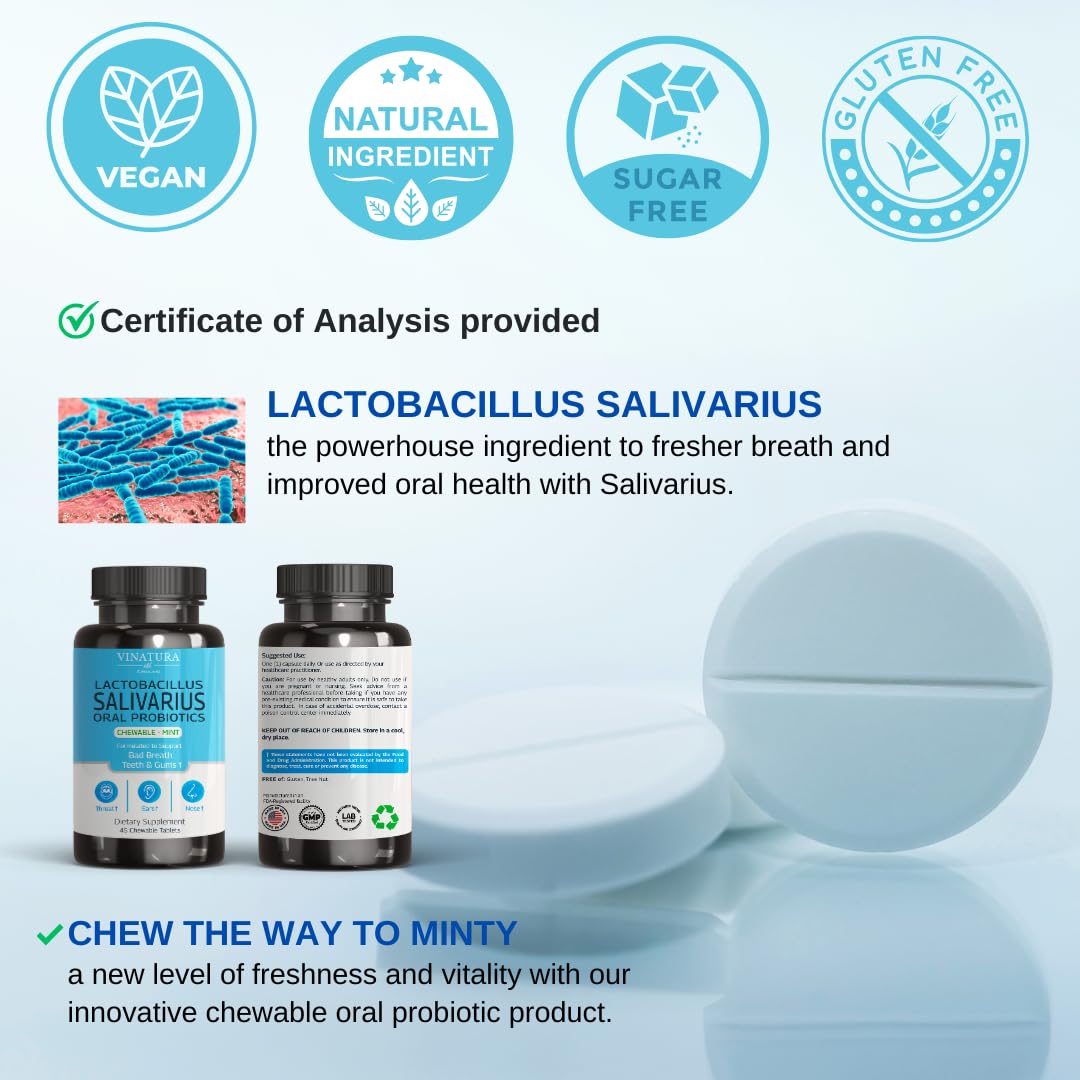 VINATURA Lactobacillus Salivarius Oral Probiotics - Mouth Bad Breath Treatment for Adults, Dental probiotics for Teeth and Gums, Throat, Ear, Nose - 45 Chewable Mint Tablets
