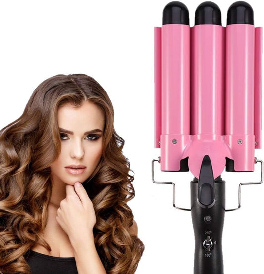 26mm 3-Barrel Curling Iron Wand - Adjustable Temperature Ceramic Hair Waver (Pink)