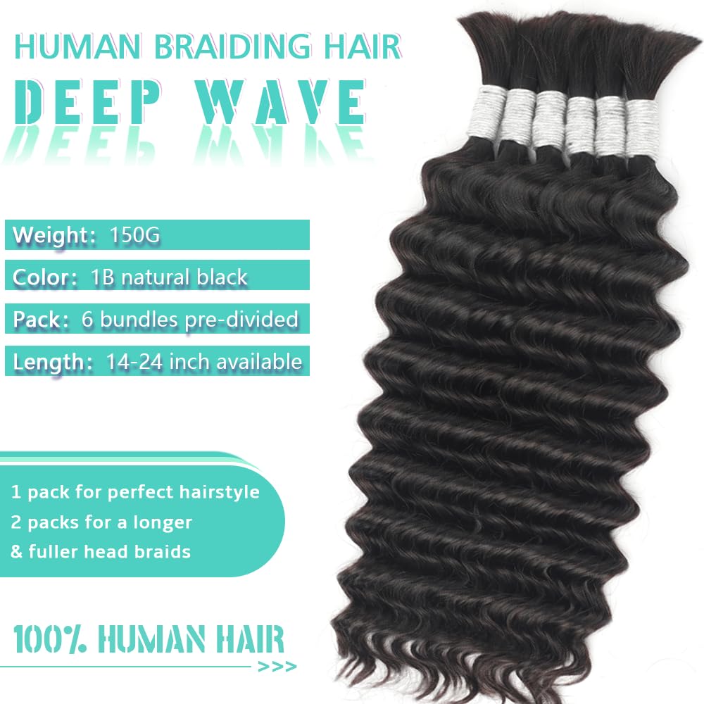 Human Braiding Hair for Boho Braids Deep Wave Bundles Human Hair 150g 6 Bundles/Pack 14 Inch Bulk Boho Hair for Braiding 12A Brazilian Curly Boho Braids Human Hair Braiding Hair Natural Color