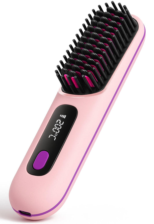 Numoya Go Brush Pro - 2025 Upgrade Portable Straightener Brush for Travel, Cordless Hair Straightener Comb for Women, Pink