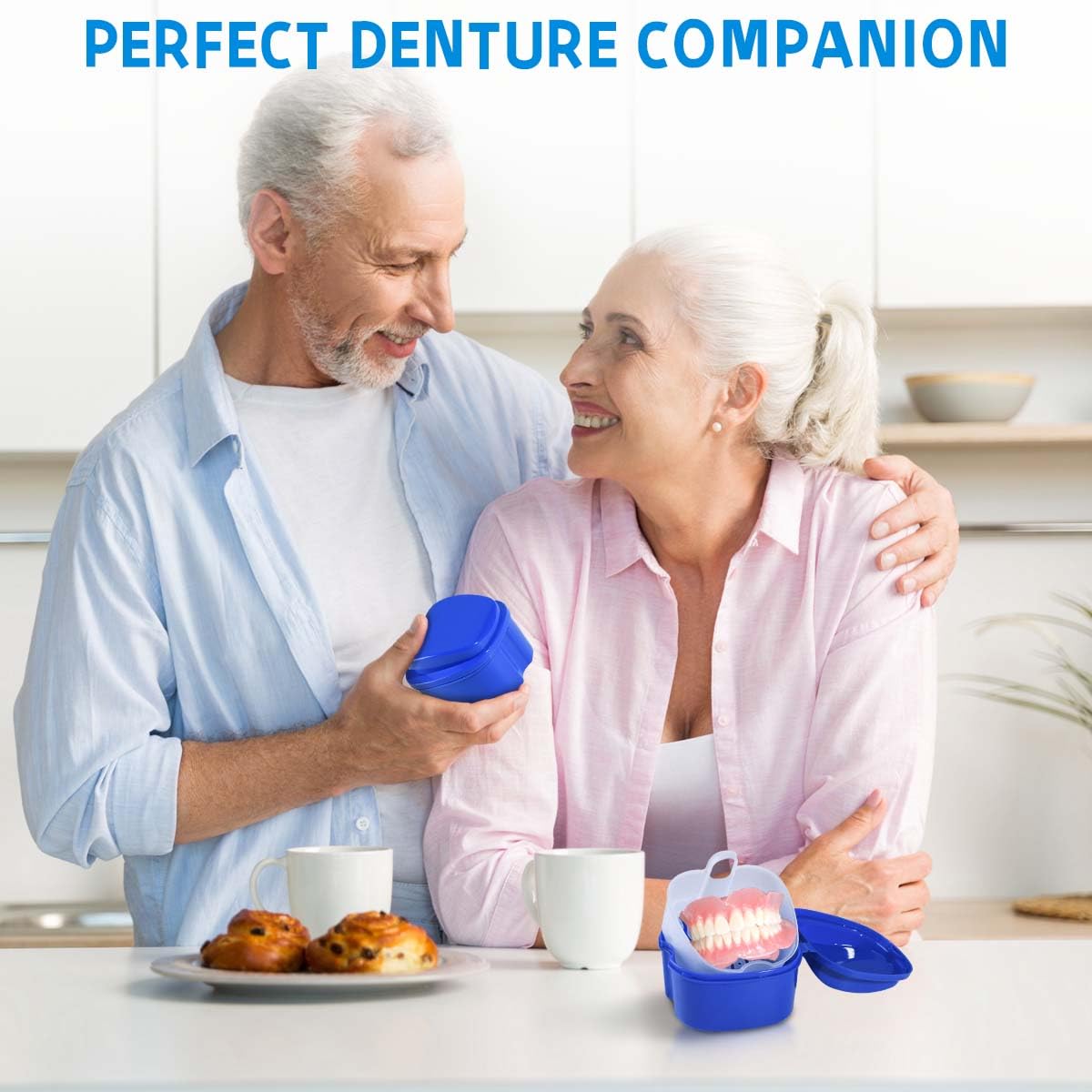 KISEER 2 Pack Colors Denture Bath Case Cup Box Holder Storage Soak Container with Strainer Basket for Travel Cleaning (Light Blue and Blue)