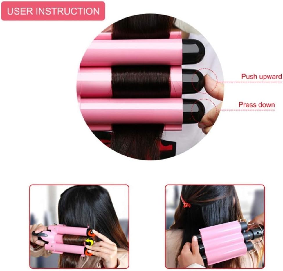 26mm 3-Barrel Curling Iron Wand - Adjustable Temperature Ceramic Hair Waver (Pink)