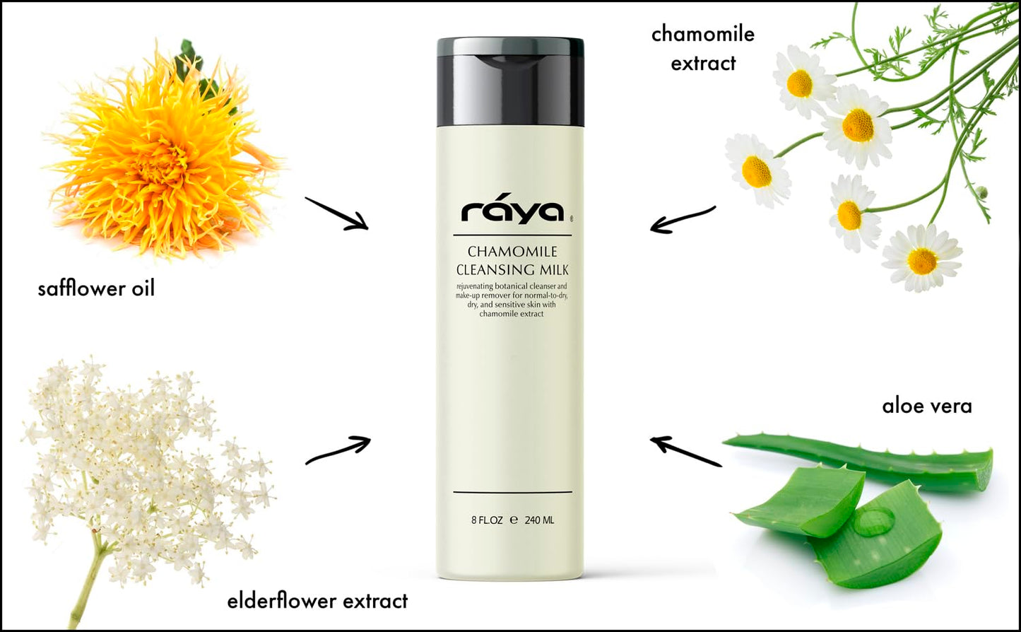Raya Chamomile Facial Cleansing Milk 8 oz (152) | Gentle, Soap-Free Fluid Cleanser and Make-Up Removing Lotion for Dry and Sensitive Skin | Helps Calm Irritations and Refine Pores