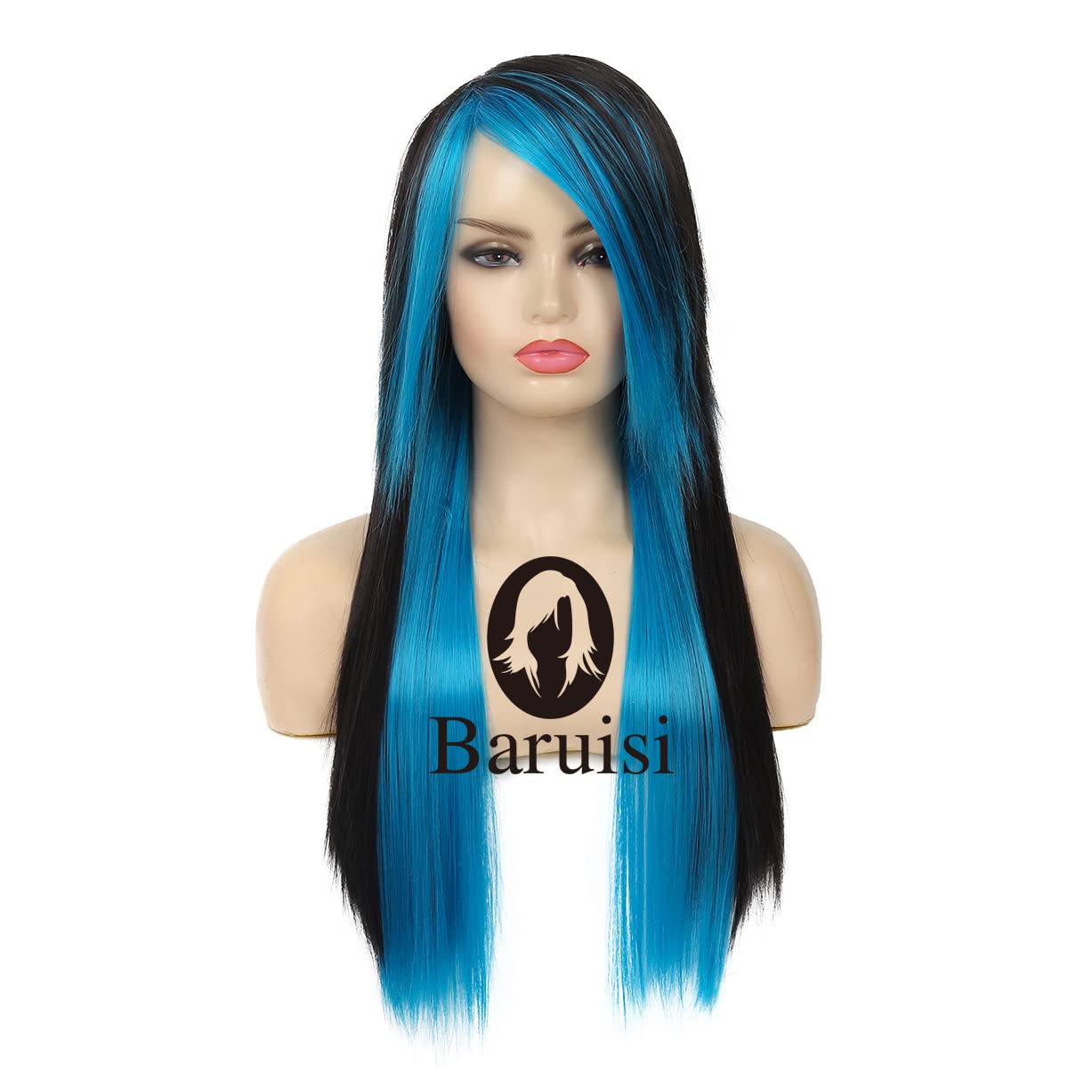 Silky Straight Long Red Black Wig with Side Bangs - Heat Resistant Synthetic Hair for Halloween