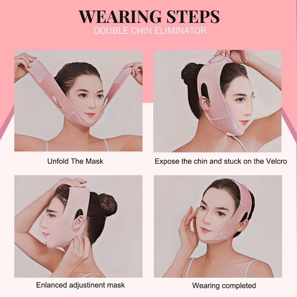 MASIKA Chin Strap for Sleeping,Adjustable Chin Strap,Jaw Strap,Jawline Shaper,V-Line Mask Chin Up Mask V Shaped Face Mask, Jaw Exerciser,Reusable chin strap,Pink。