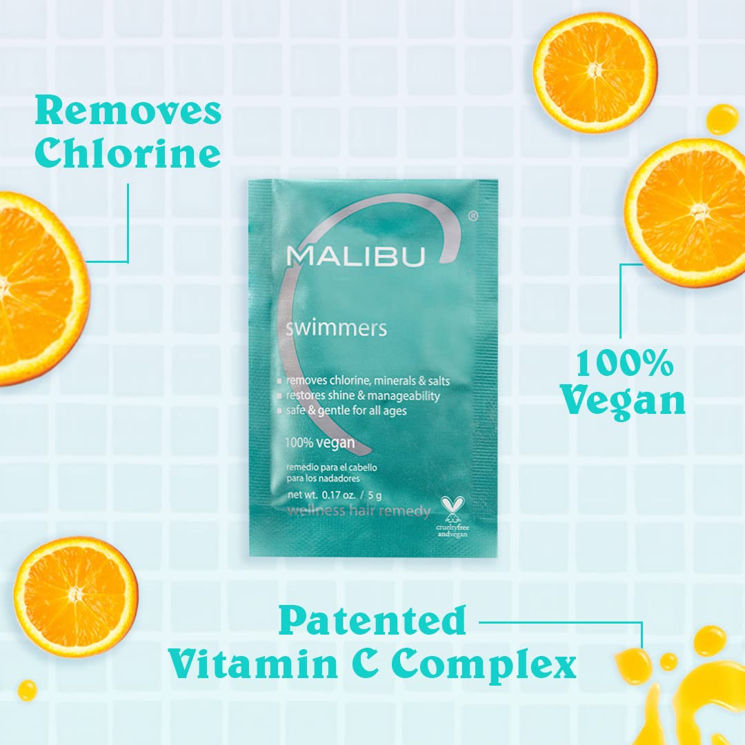Malibu C Swimmers Wellness Remedy & After Pool Hair Care - Restoring & Hydrating Swim Treatment with Vitamin C Complex - Protects Against Discoloration from Chlorine, Salt Water & Build Up (3 Packets)