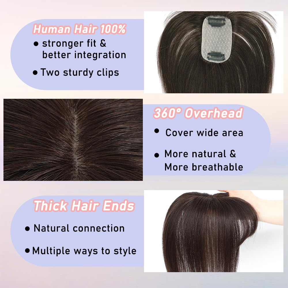 YOOSDPET Hair Toppers for Women Real Human Hair, 360°3D Cover Topper for Women with Thinning Crown Wispy Clip in Bangs Realistic Scalp Line Hair Pieces (Mocha Brown, Wispy Bangs)
