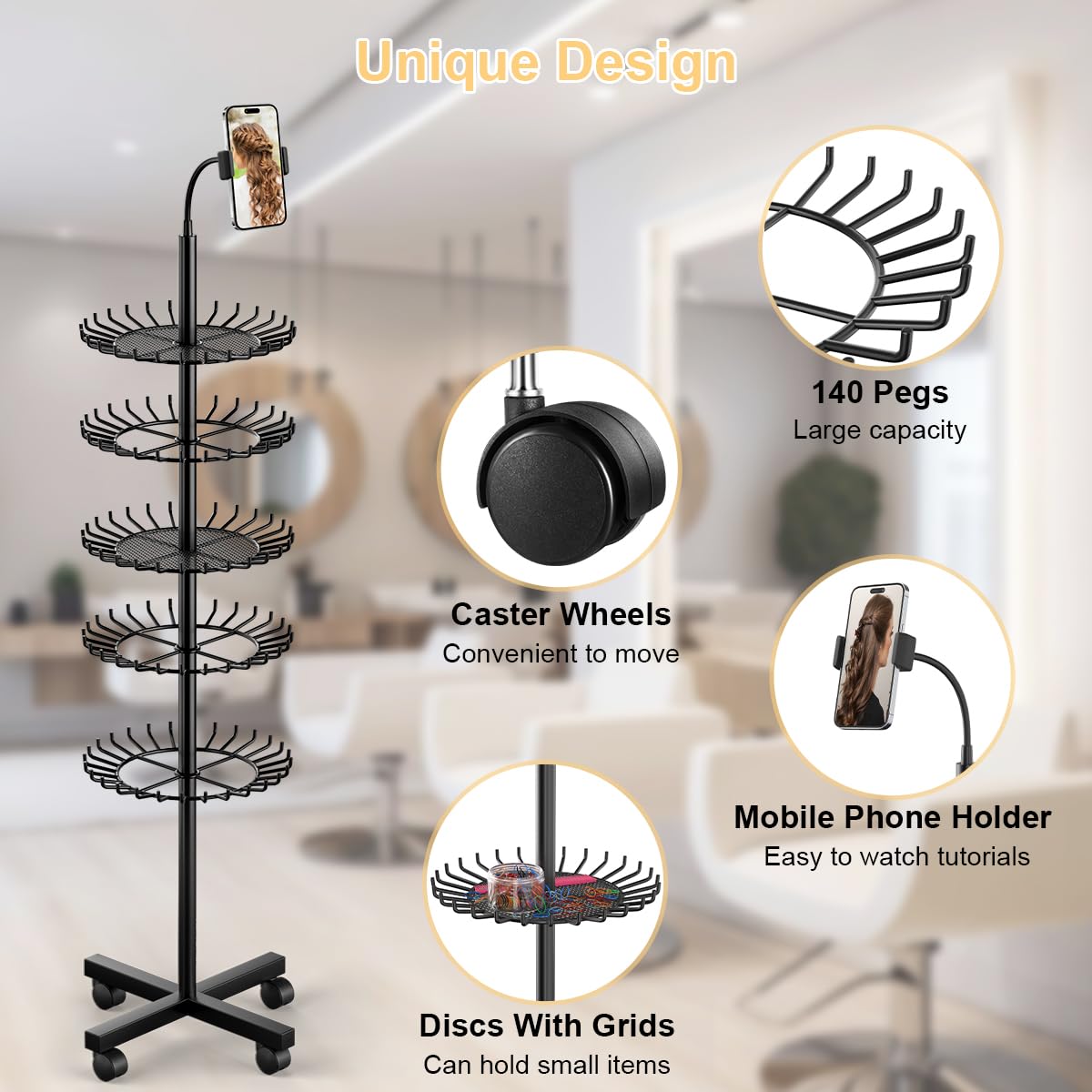 VIFOCUFY Braiding Hair Rack Standing Hair Extension Holder - 140 Pegs Braiding Hair Rack & Divider Stand with Phone Holder for Displaying and Separating Hair