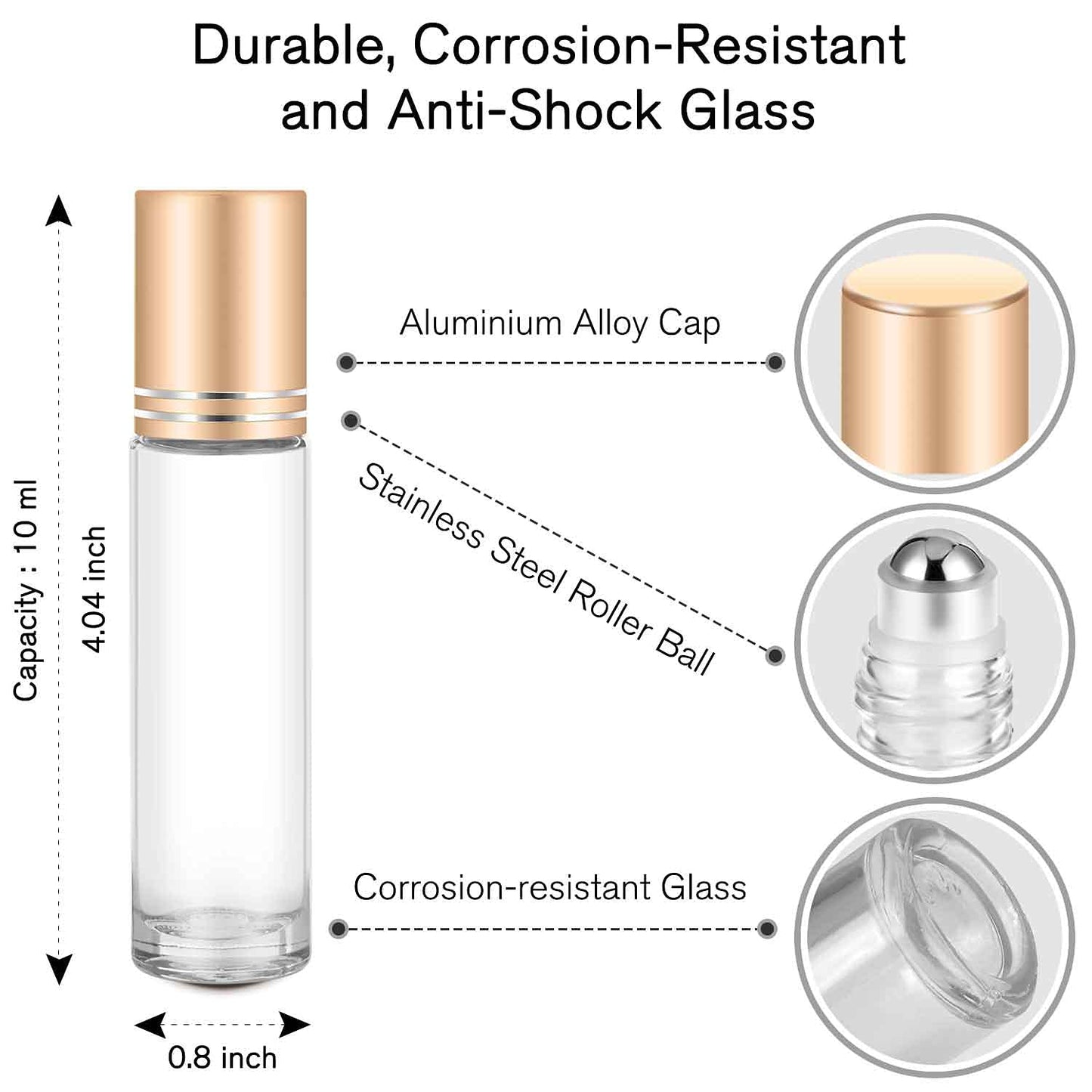 PrettyCare 4 Pack, 10 ml Essential Oil Roller Bottles with Stainless Steel Roller Ball - Refillable Leak-proof Empty Thick Clear Glass Roll on Bottles with Metal Caps for Travel, Perfume