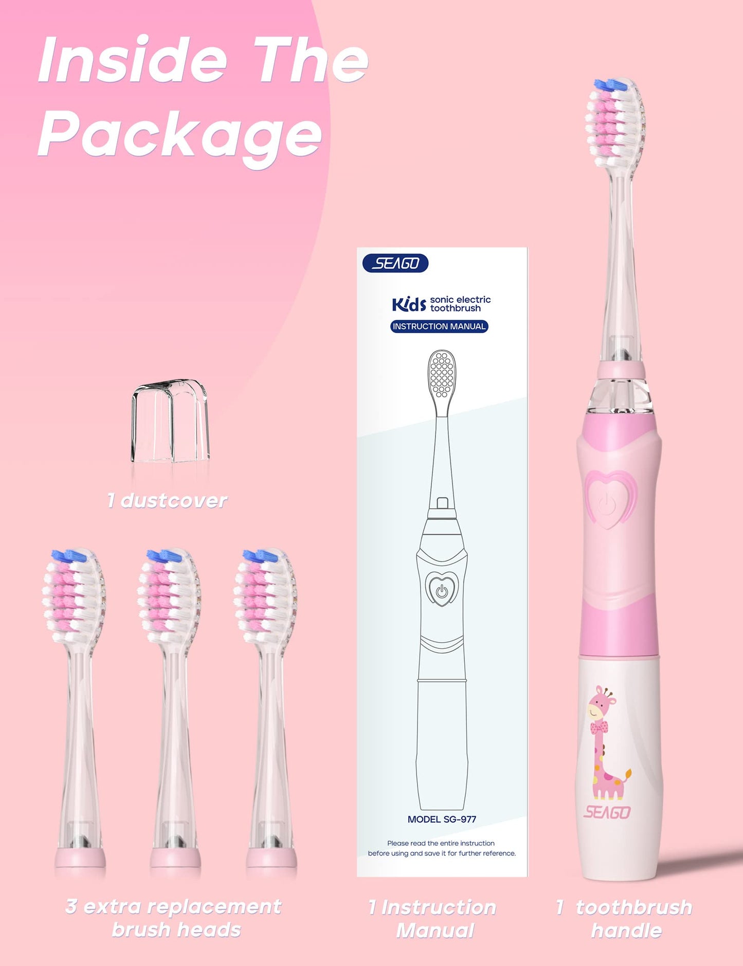 SEAGO Kids Electric Toothbrush with 2 Mins Timer and 4 Replacement Bursh Heads, Rainbow LED Light Make Brushing Fun, Pink Color Girls Battery Powerd for 4-12 Years Old,SG-977