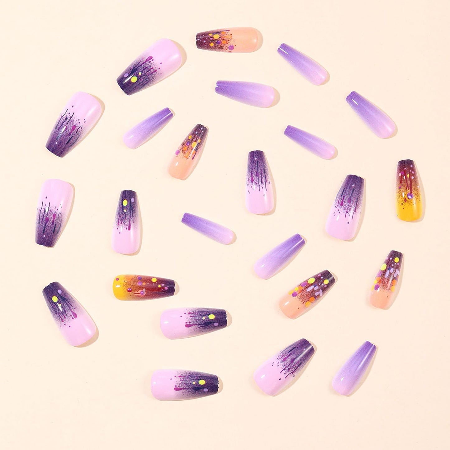 Graffiti Press on Nails French Tip Acrylic Full Cover Fake Nails 24Pcs Glossy Purple Gradient Medium Coffin False Nail Painted Stick on Nail Curve Line Gel Glue on Fingernails for Holiday Manicure Art