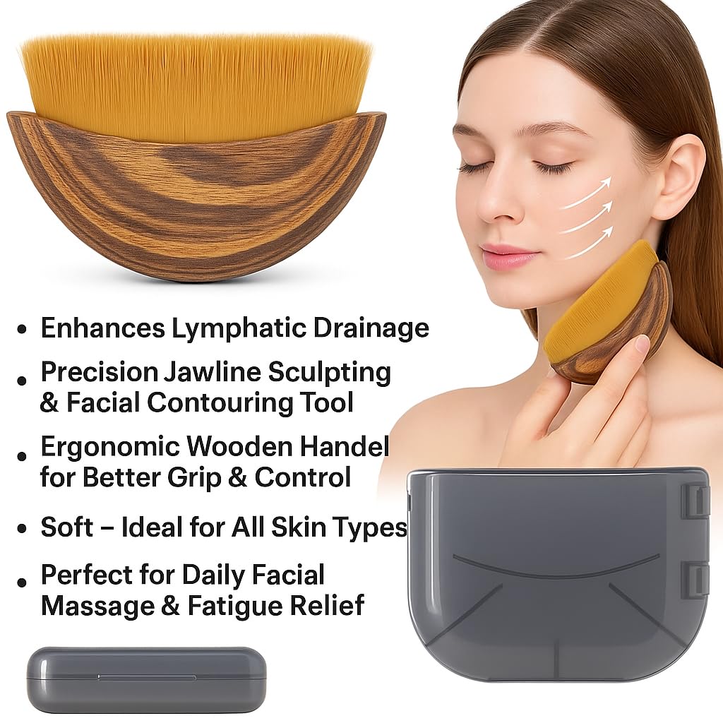 Lymphatic Contour Face Brush – Lymphatic Drainage Tool with Ergonomic Wooden Handle for Dry Brushing, Jawline Sculpting, Facial Massage, Puffiness Reduction & Fatigue Relief for Glowing Skin (1 pcs)