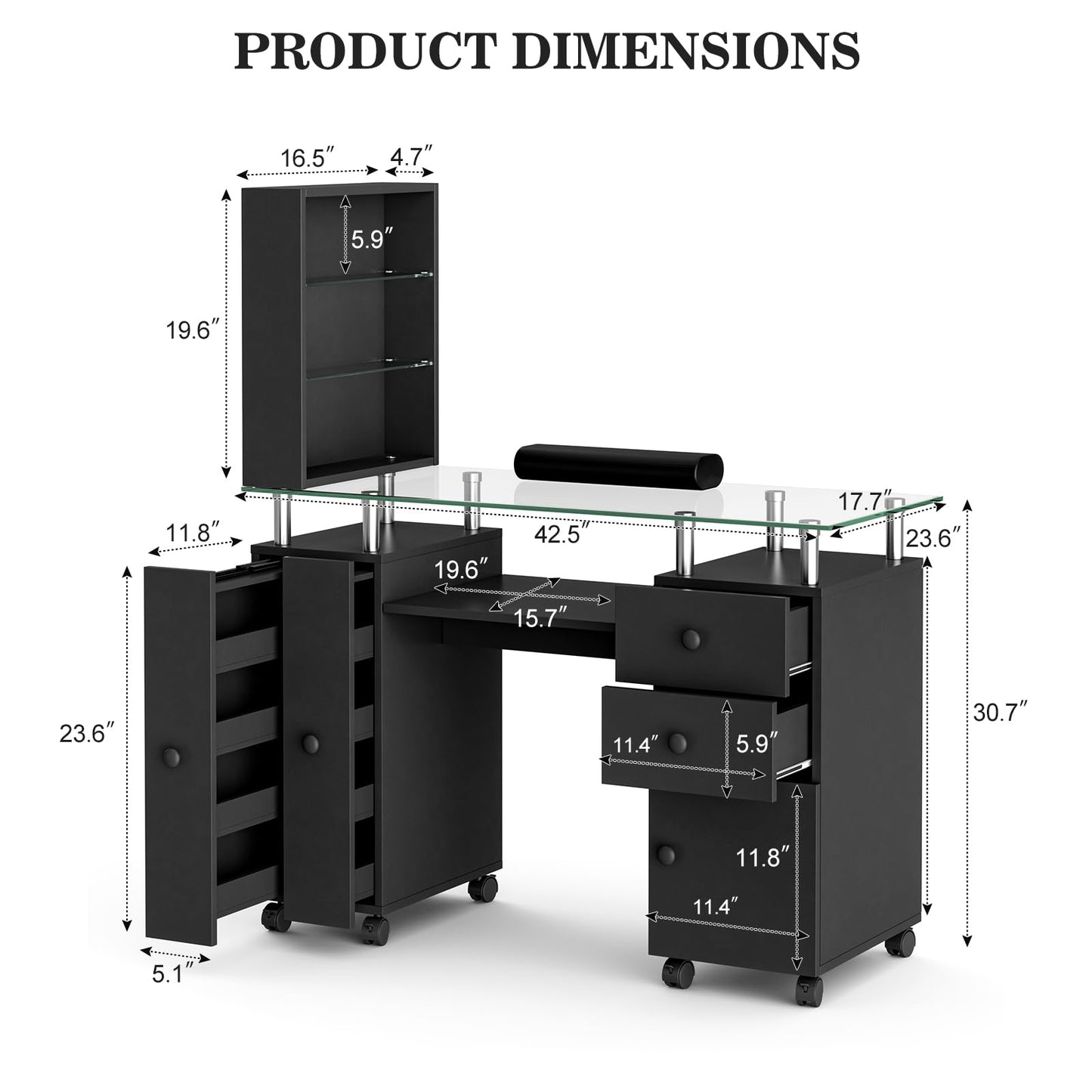 Paddie Manicure Table Nail Desk for Technician, Acetone Resistant Nail Tech Table Nail Table Station w/Glass Desktop, Wrist Cushion, 3-Tiers Shelves, Lockable Wheels & Cabinet (Black)