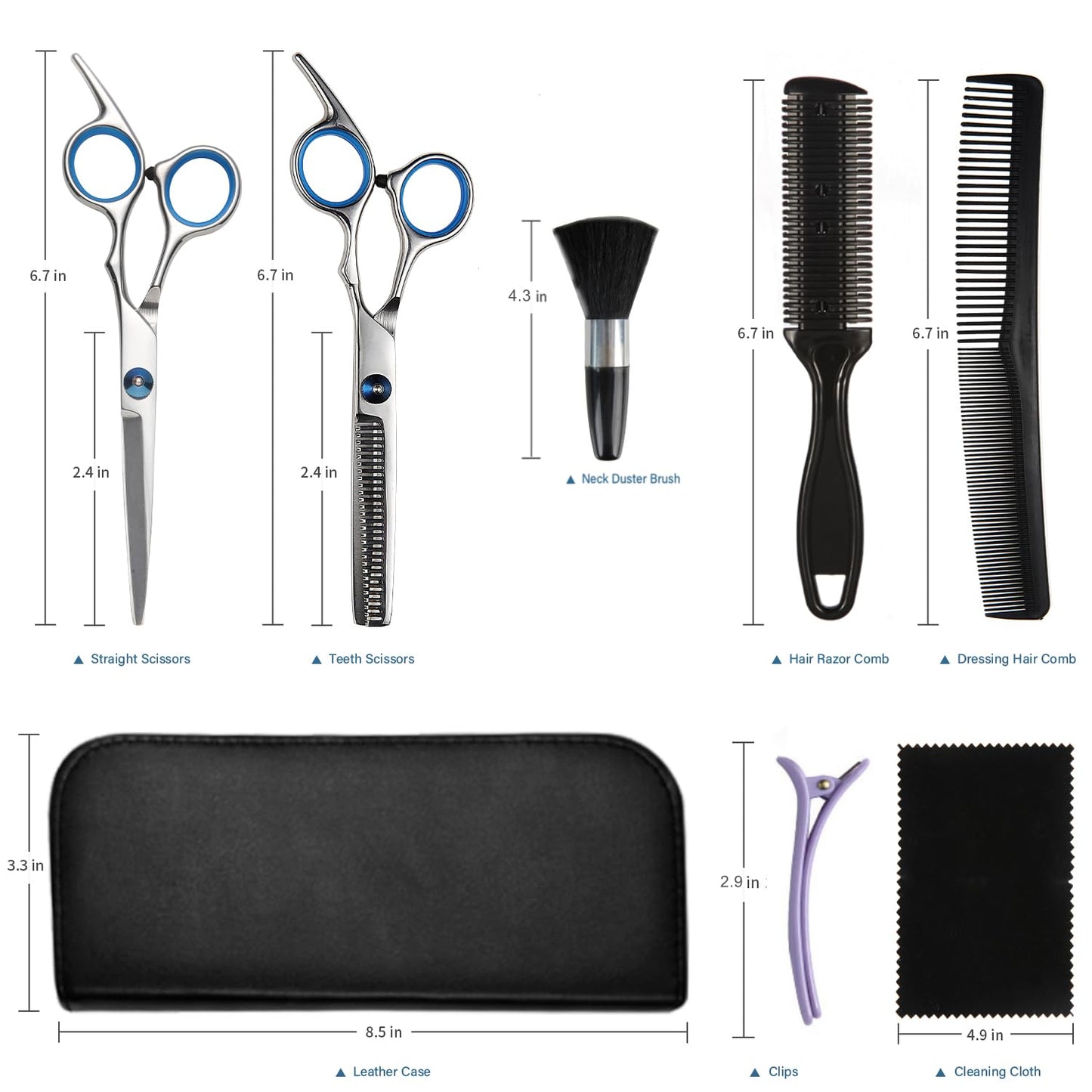 Haircut Scissors Kit, 11 Pcs Professional Set - Haircut, Thinning Scissors, Neck Duster Brush, Comb, Barber Cape, Hair Clips, Hairdressing Shears for Barber and Home