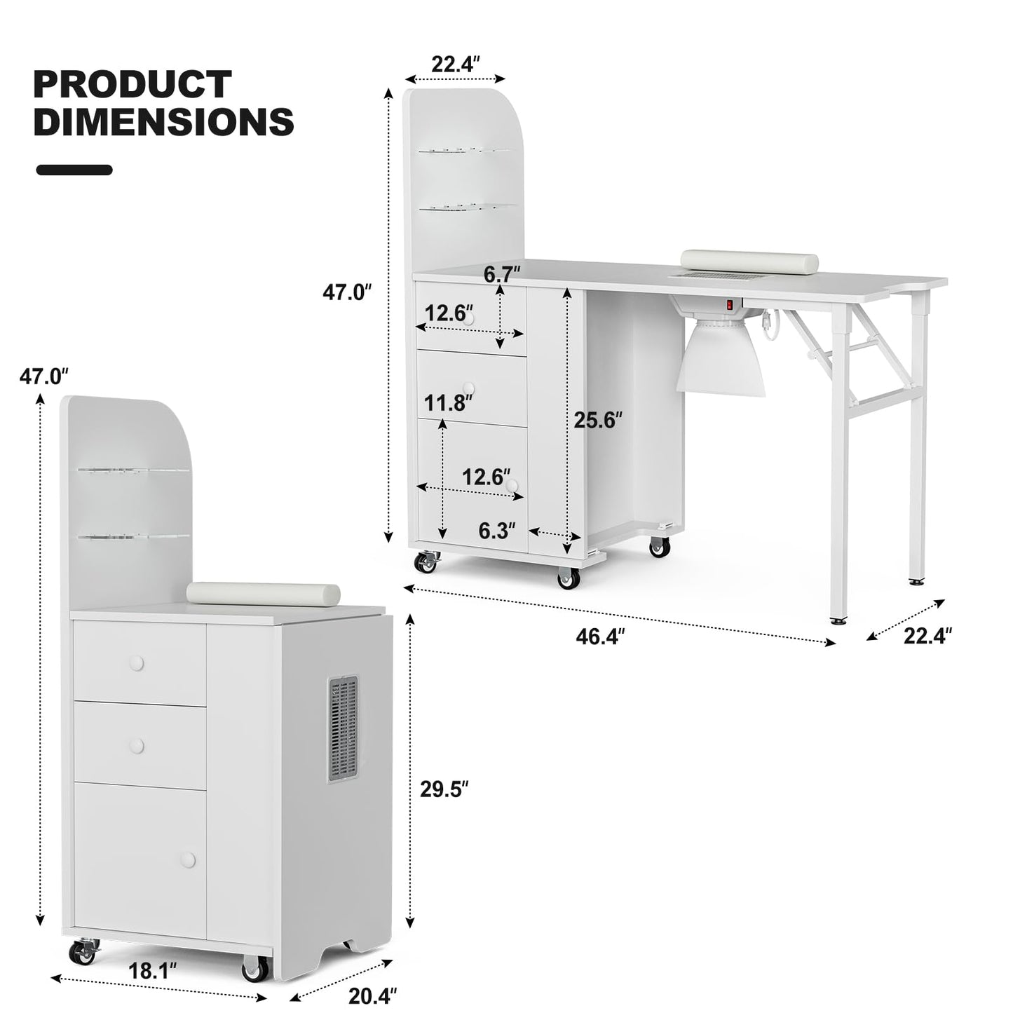 Belandi Foldable Nail Desk Manicure Table, Folding Nail Table Station for Nail Tech w/Dust Collector, 2 Open Shelves & 2 Drawers, Foldable Manicure Desk w/Wrist Cushion, Lockable Wheels