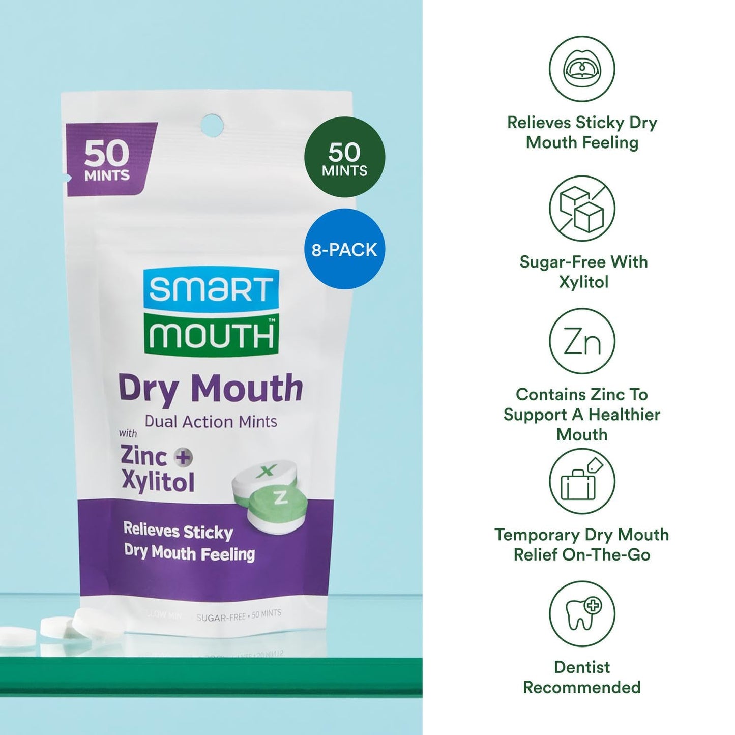 SmartMouth Dry Mouth Dual-Action Mints - Sugar-Free Breath Mints - 50 Count, 8 Pack, Mellow Mint