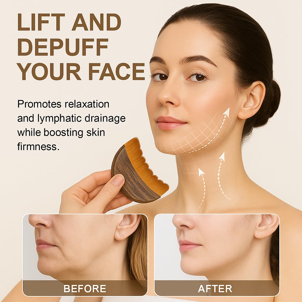 Lymphatic Contour Face Brush – Lymphatic Drainage Tool with Ergonomic Wooden Handle for Dry Brushing, Jawline Sculpting, Facial Massage, Puffiness Reduction & Fatigue Relief for Glowing Skin (1 pcs)