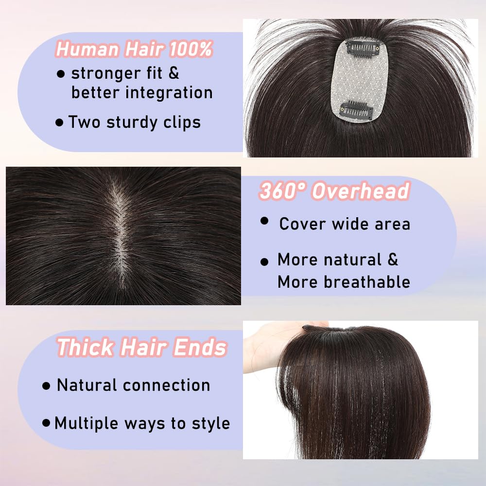 YOOSDPET Hair Toppers for Women Real Human Hair, 360°3D Cover Topper for Women with Thinning Crown Wispy Clip in Bangs Realistic Scalp Line Hair Pieces (Dark Brown, Wispy Bangs)