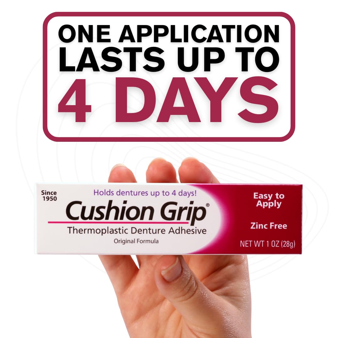 Cushion Grip Thermoplastic Denture Adhesive, 1 oz - Refits and Tightens Loose Upper and Lower Dentures and Partials | Non-Glue Adhesive, Acts Like a Soft Reliner