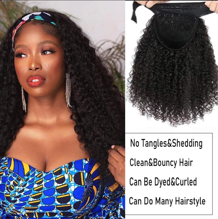 Headband Wig Human Hair Deep Wave 20 Inch Glueless None Lace Front Deep Curly Wig Brazilian Virgin Hair Wear and Go Wigs for Black Women 180% Density Machine Made Headband Half Wigs Natural Color